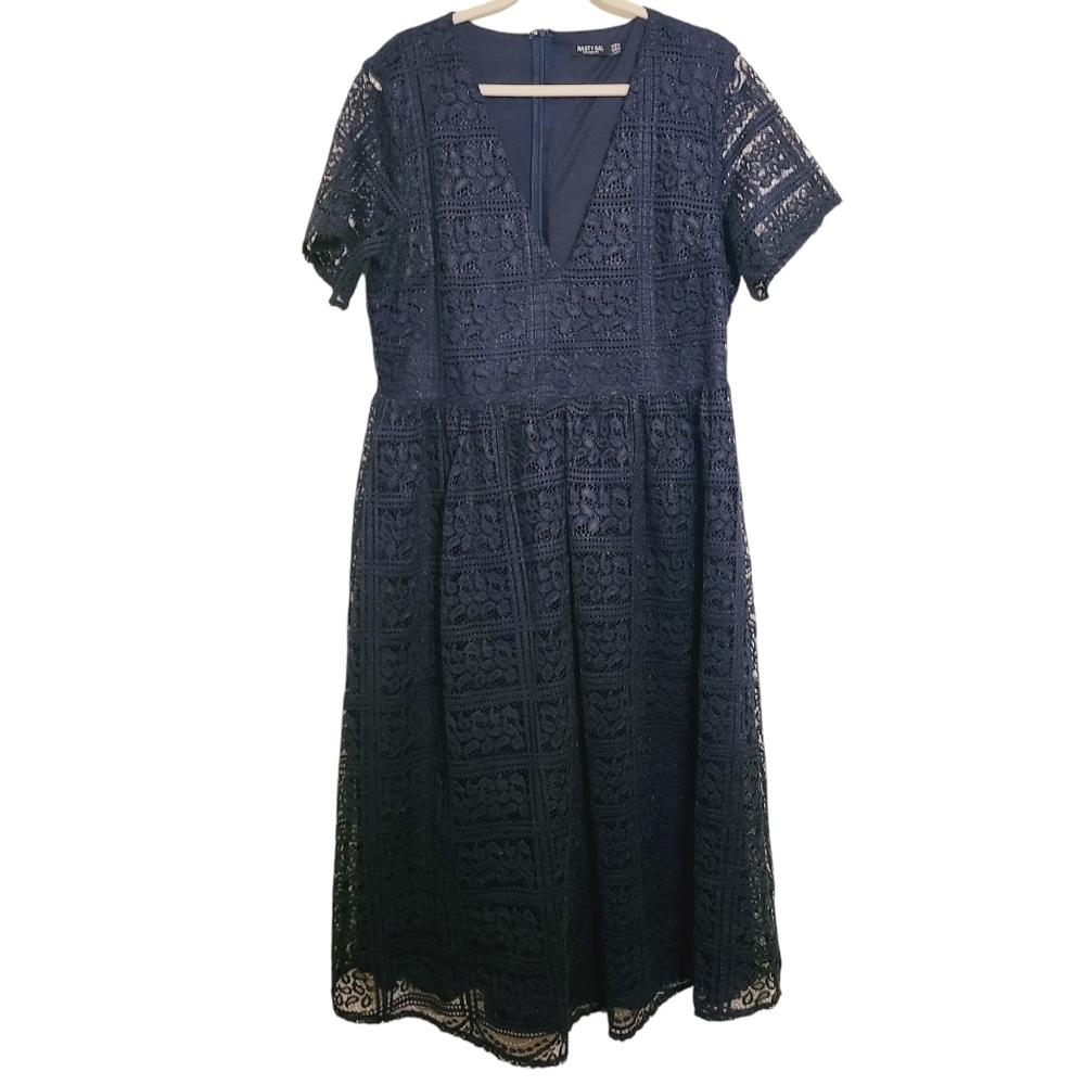 Nasty Gal | Women's Navy Blue Short Sleeve Lace Fit & Flare Dress (US Size 14)